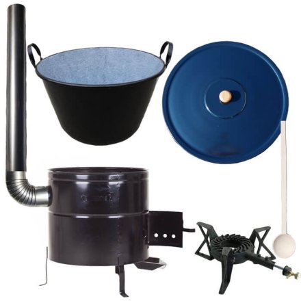 Zabíjačkový smaltovaný kotol 50 L + kovová kotlina 50 cm + horák 7 kW + pokrievka + varecha + dymovod