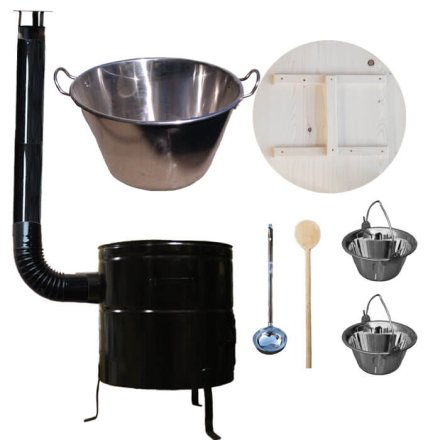 Zabíjačkový nerezový kotol 100 L, kovová kotlina 60 cm, smaltovaná pokrievka + 2 servírovacie antikorové kotlíky