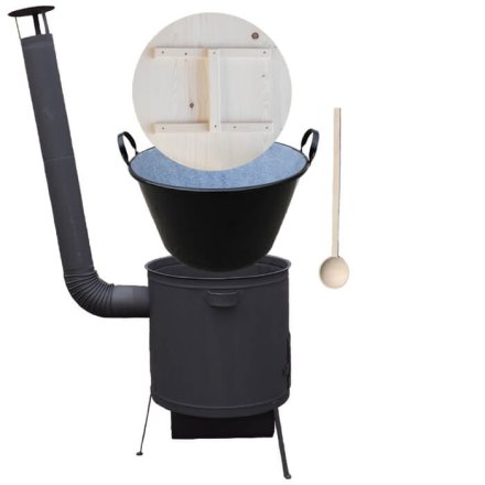 Zabíjačkový smaltovaný kotol 100 L, s žiaruvzdornou kotlinou, priemerom 60 cm PLUS 600 4 MM, drevená pokrievka + varecha