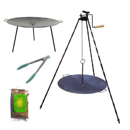 Grilovacia súprava UNIVERZAL 60 cm – panvica, stojan s kladkou, kliešte, korenie