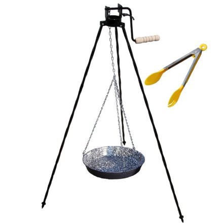 Smaltovaná panvica s retiazkou 42 cm + trojnožka s poistnou kladkou a obracačka na mäso GRILL PARTY 1