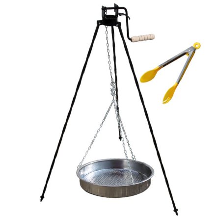 Nerezová panvica s retiazkou 49 cm + trojnožka s poistnou kladkou a obracačka na mäso GRILL PARTY 3