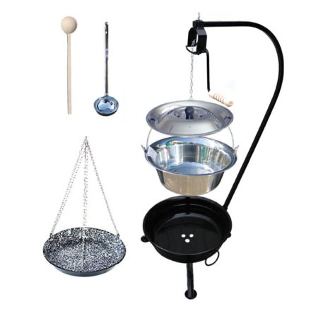 Nerezový kotlík 14 L (0,8 mm) INOX + smaltovaná panvica s retiazkou + vareška + naberačka + ohnisko so stojanom a s poistnou kladkou VAR