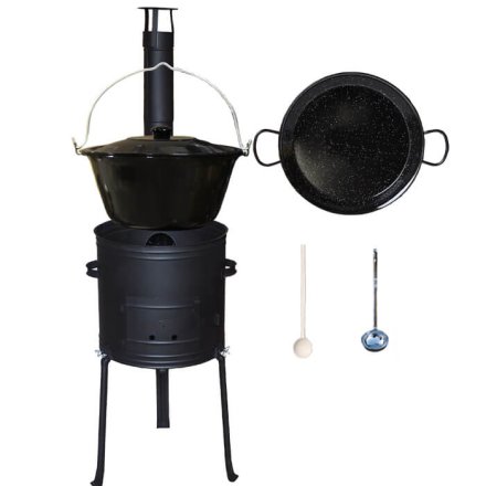 Smaltovaný kotlík 20 L + Paella panvica 46 cm + kovová kotlina s vysokými nožičkami 42 cm, žiaruvzdorná farba Plus 700