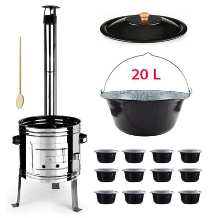 Smaltovaný kotlík 20 L + Nerezová kotlina 42 INOX + vareška + misky 12 ks