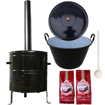 Smaltovaný kotlík na guláš 100 L (1,2 mm) s uškami + kovová kotlina 60 cm a maďarská paprika MAX PARTY