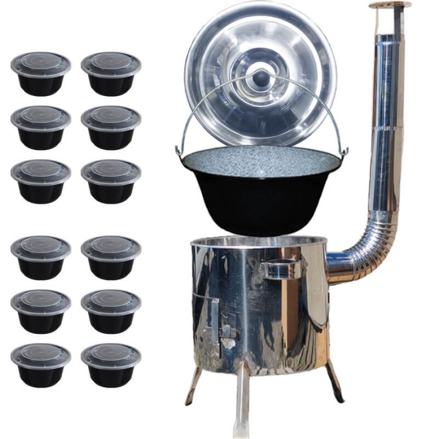 Smaltovaný kotlík 13 L + nerezová kotlina 0,8 mm 36 INOX LUSTRO + plastové boxy (misky) s vrchnákom 12 ks
