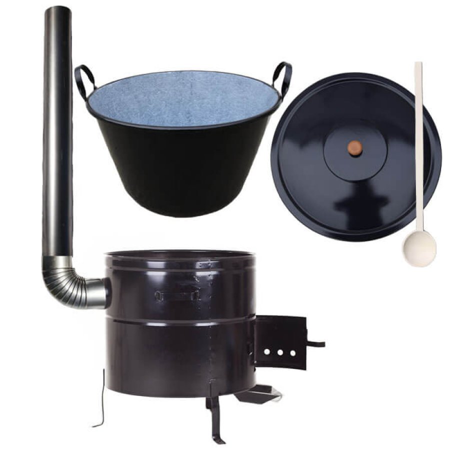 Zabíjačkový smaltovaný kotol 50 L + kovová kotlina 50 cm + pokrievka + varecha + dymovod