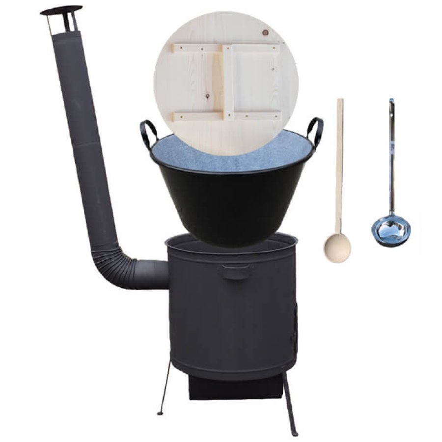Smaltovaný kotol 100 L s žiaruvzdornou kotlinou, priemerom 60 cm PLUS 600 4 MM + drevená pokrievka, varecha a naberačka BIG PARTY