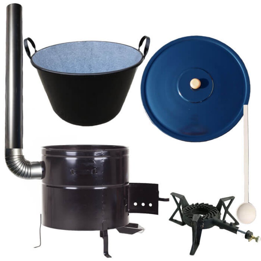 Zabíjačkový smaltovaný kotol 60 L + kovová kotlina 53 cm + horák 7 kW + pokrievka + varecha + dymovod