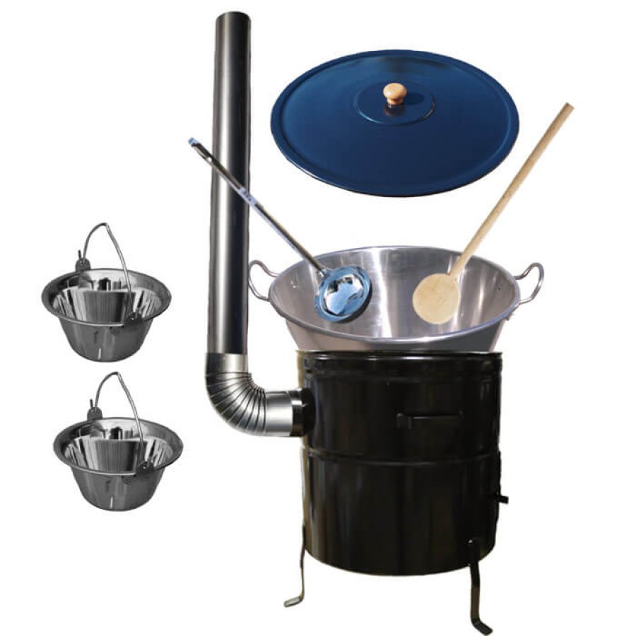 Zabíjačkový nerezový kotol 60 L, kovová kotlina 53 cm, smaltovaná pokrievka + 2 servírovacie antikorové kotlíky