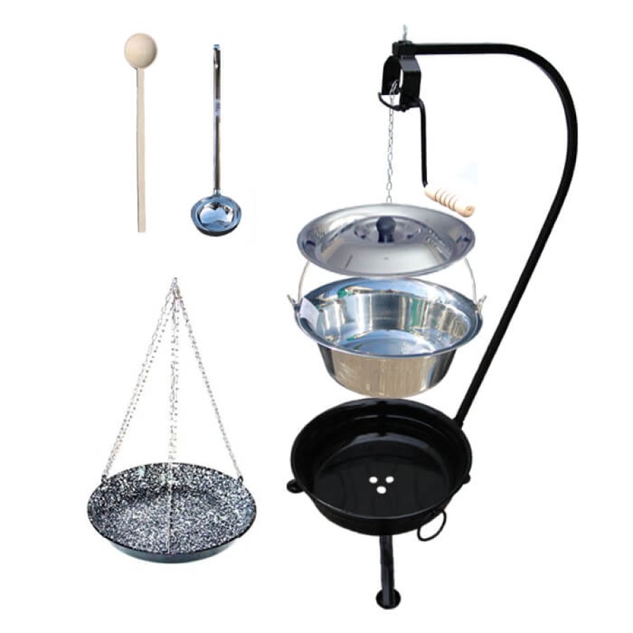 Nerezový kotlík 10 L (1,2 mm) INOX + smaltovaná panvica s retiazkou + vareška + naberačka + ohnisko so stojanom a s poistnou kladkou VAR