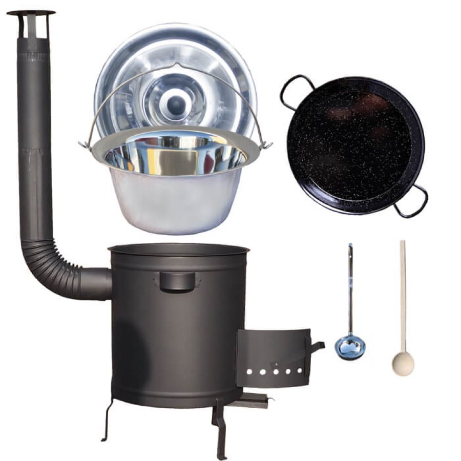 Nerezový kotlík 14 L (0,8 mm) + Paella panvica 38 cm + hrubostenná (1,5 mm) žiaruvzdorná kotlina (1,5 mm) 36 PLUS 600