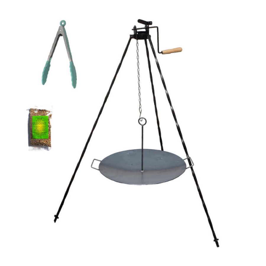 Grilovacia súprava CLASSIC STEEL PRO: Trojnožka s kladkou + Železná panvica 49 cm