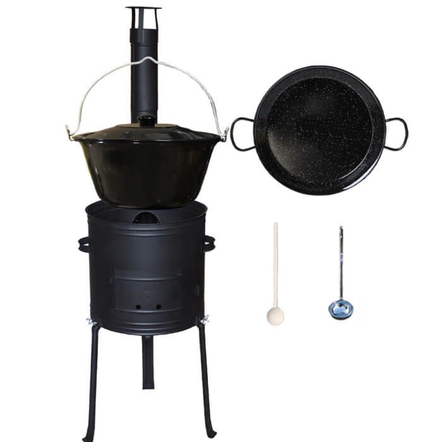 Smaltovaný kotlík 20 L + Paella panvica 46 cm + kovová kotlina s vysokými nožičkami 42 cm, žiaruvzdorná farba Plus 700