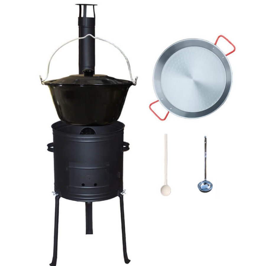 Smaltovaný kotlík 20 L + Paella panvica 46 cm + kovová kotlina s vysokými nožičkami 42 cm, žiaruvzdorná farba Plus 700