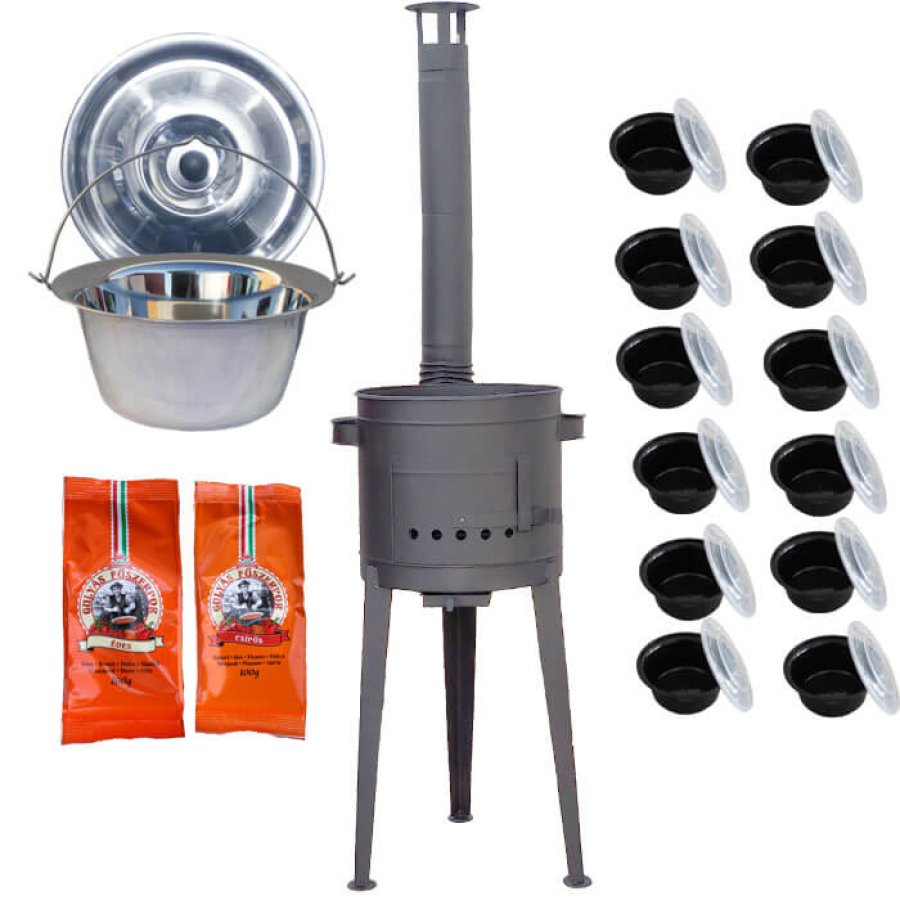 Nerezový kotlík 22 L (0,8 mm) INOX + žiaruvzdorná kotlina s vysokými nožičkami (1,5 mm) HODO 42 cm PLUS 600 + misky 12 ks + 2 x korenie na guláš 100 g