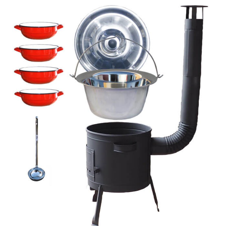 Nerezový kotlík 22 L (0,8 mm) INOX + selské misky 4 ks + nízka žiaruvzdorná kotlina 42 cm PLUS 600
