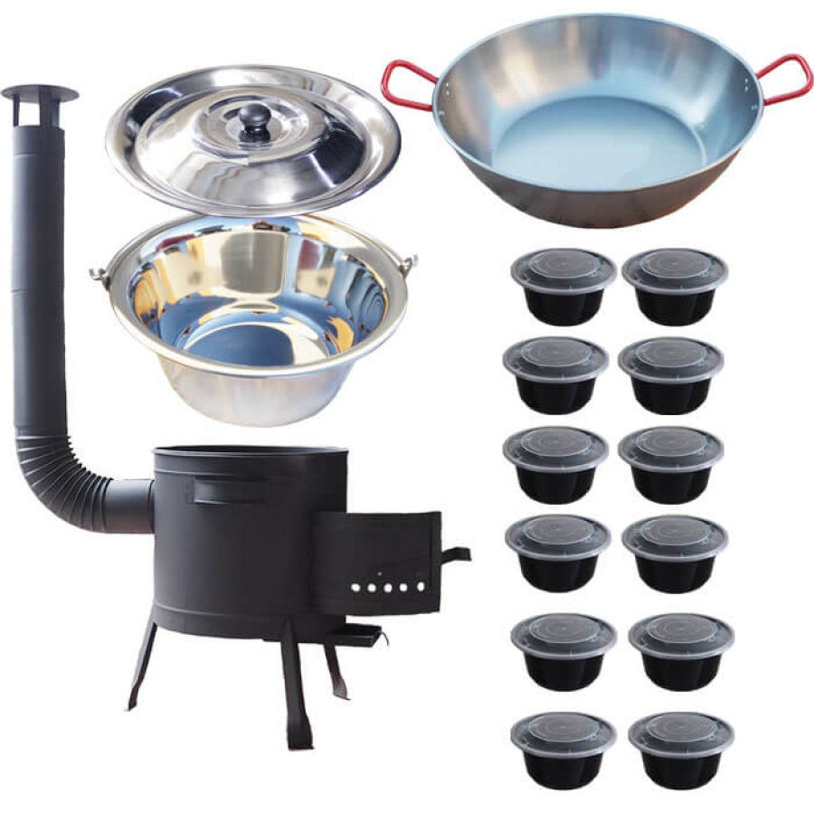Nerezový kotlík 22 L (0,8 mm) INOX + Panvica PAELLA (WOK) 45 cm + misky 12 ks + nízka kotlina 42 PLUS 600