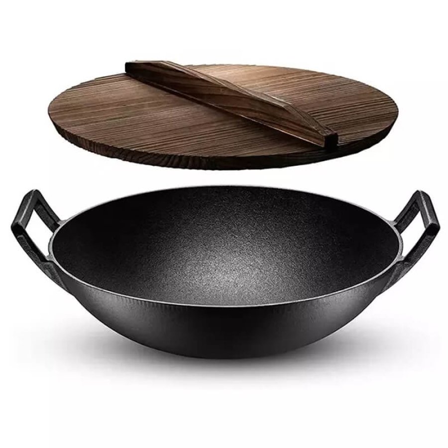 Liatinový čínsky wok 36,5 cm s drevenou pokrievkou